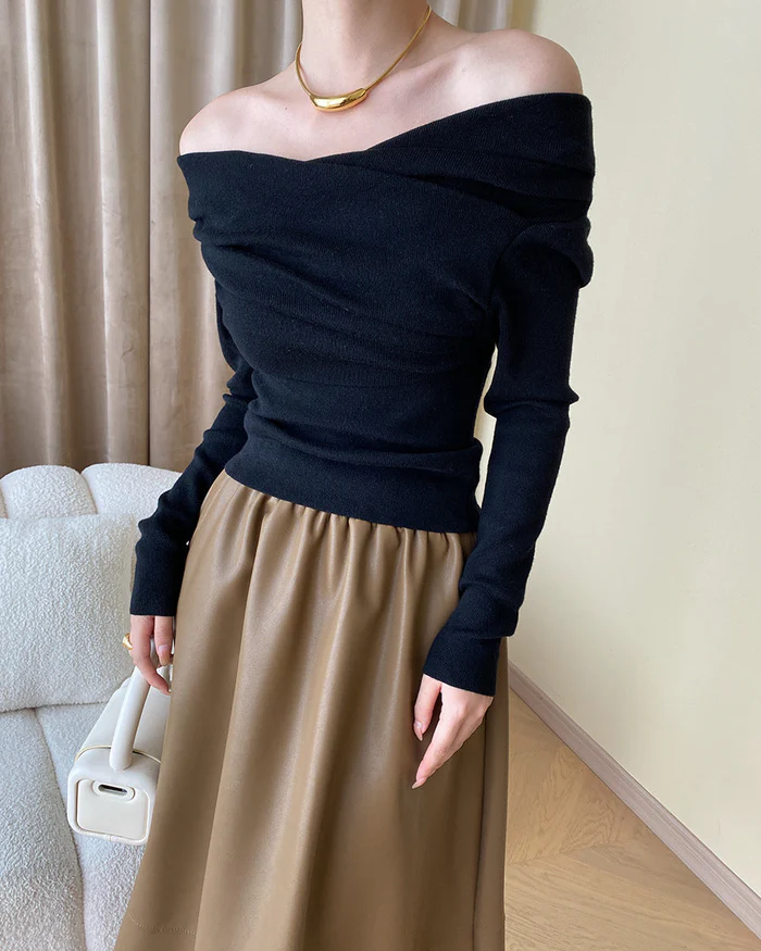 Off Shoulder Wrap Long Sleeve Knit Top