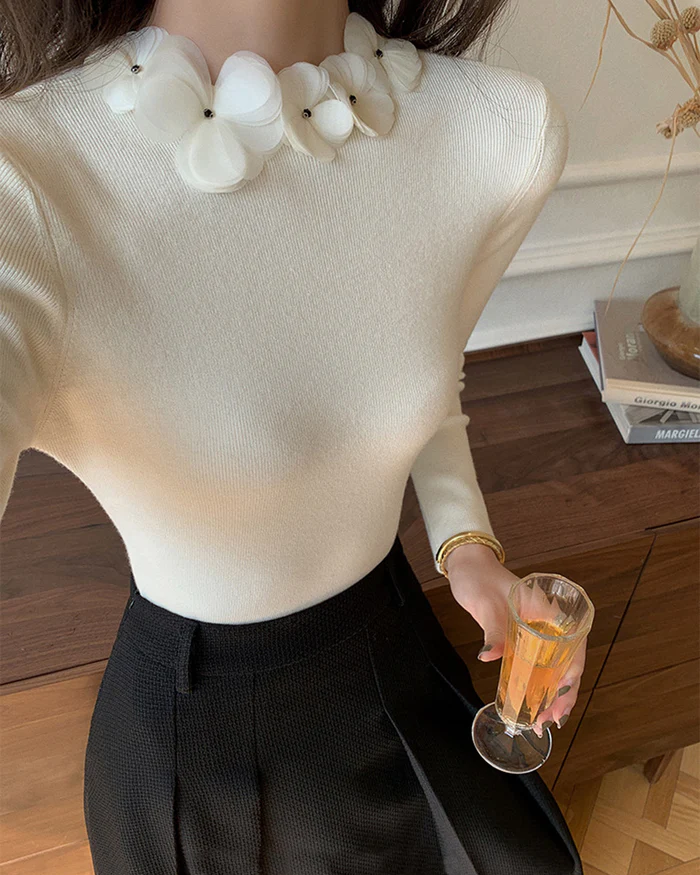 Solid Long Sleeve Floral Knit Top