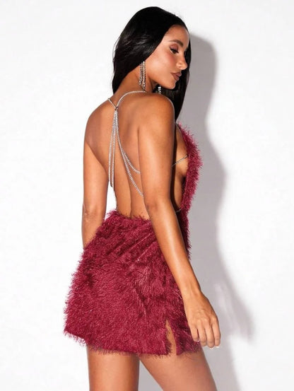 Backless Chain Fringe Mini Dress