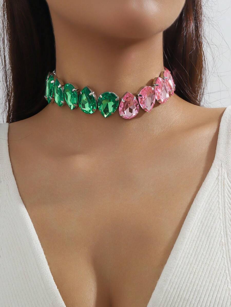 Large Heart-Shaped And Water Drop Rhinestone Choker