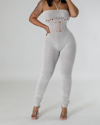 Sexy Strappy Halterneck Knitted Long-Sleeved Slim Fit Jumpsuit