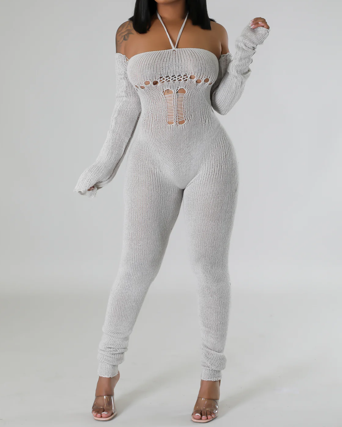 Sexy Strappy Halterneck Knitted Long-Sleeved Slim Fit Jumpsuit