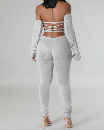 Sexy Strappy Halterneck Knitted Long-Sleeved Slim Fit Jumpsuit