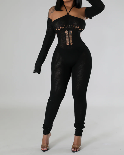 Sexy Strappy Halterneck Knitted Long-Sleeved Slim Fit Jumpsuit