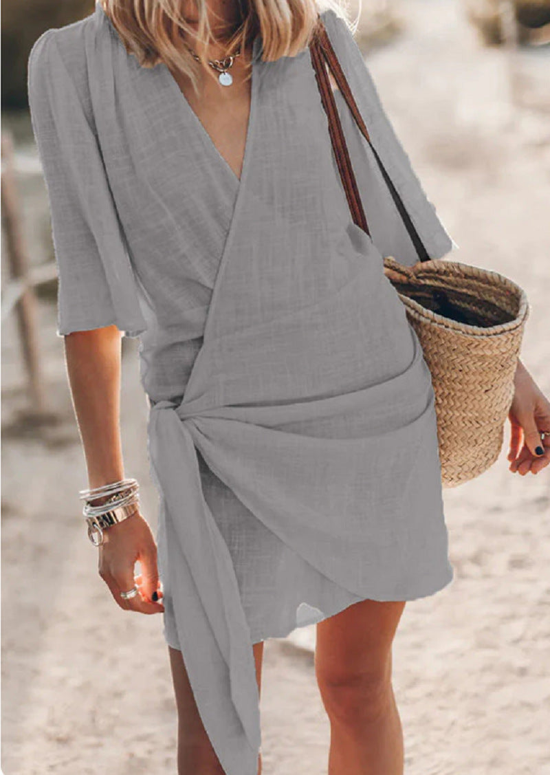 Casual Cotton And Linen Cross V-neck Spring And Summer Short-sleeved Dress