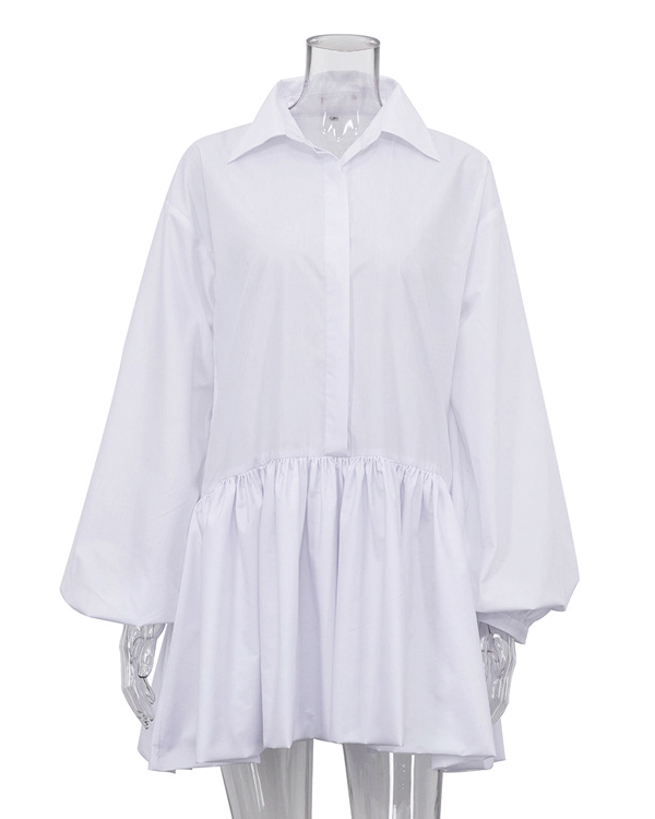 Pleated Long Sleeve Button Up Collar Mini Dress