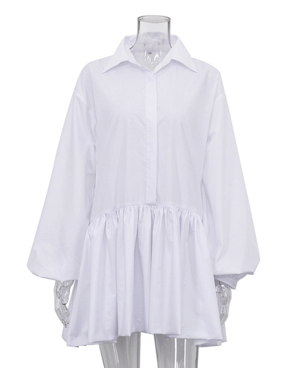 Pleated Long Sleeve Button Up Collar Mini Dress