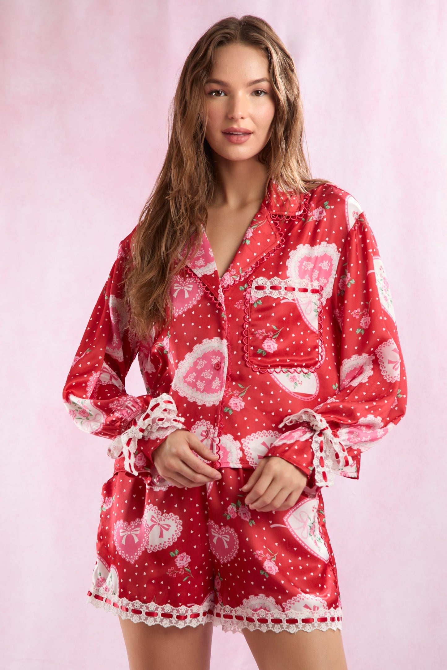 Rose Heart Lace Bow Pajama Set