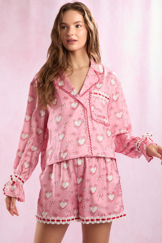 Heart Shaped Rose Bow Pattern Lace Pajama Set