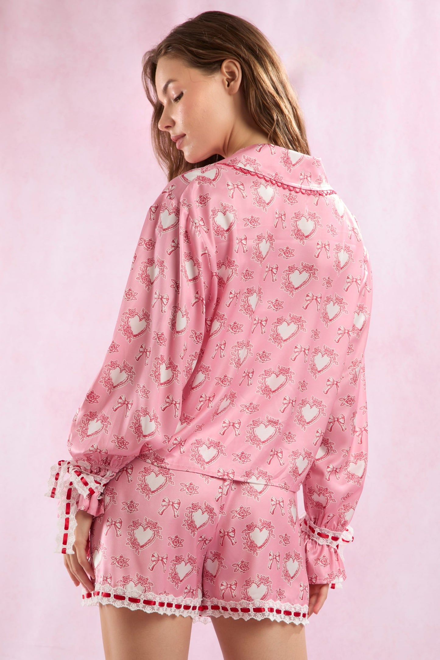 Heart Shaped Rose Bow Pattern Lace Pajama Set