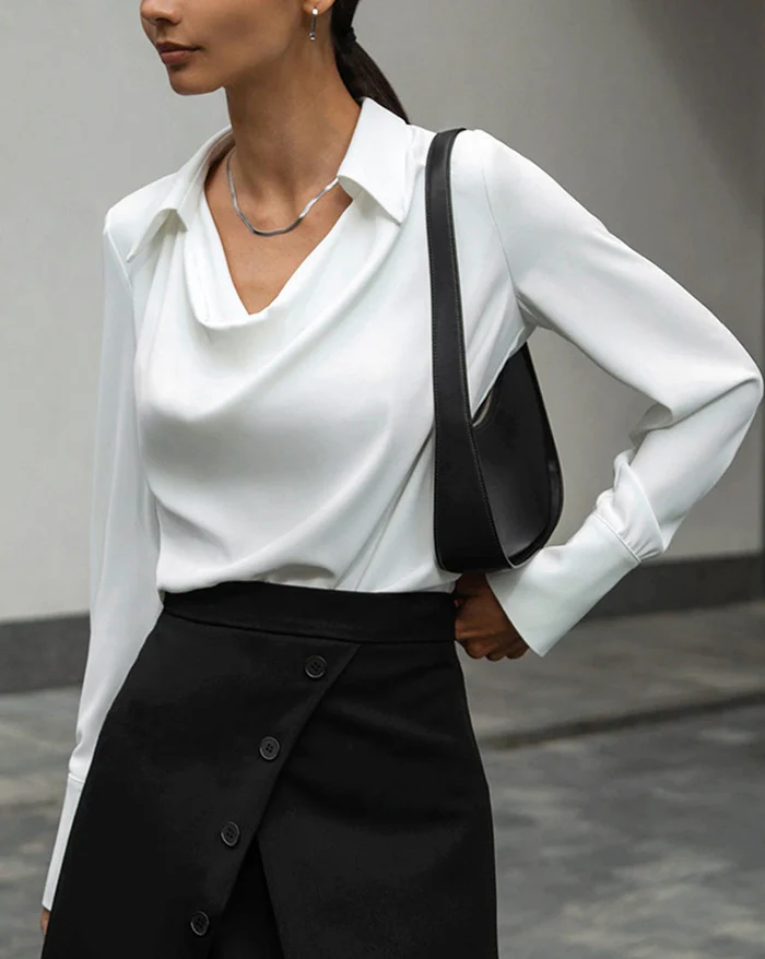 V-Neck Pleated Long Sleeve Blouse