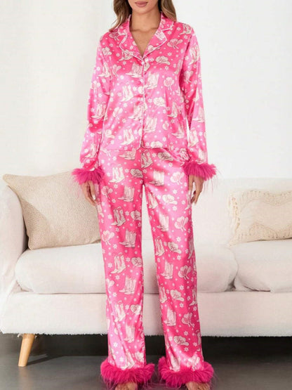 Boot & Feather Print Satin Pajama Set