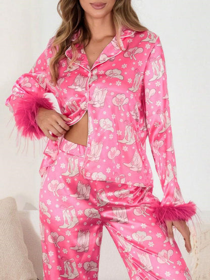 Boot & Feather Print Satin Pajama Set