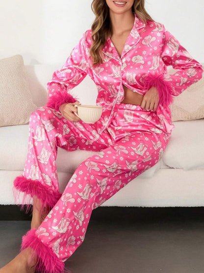 Boot & Feather Print Satin Pajama Set