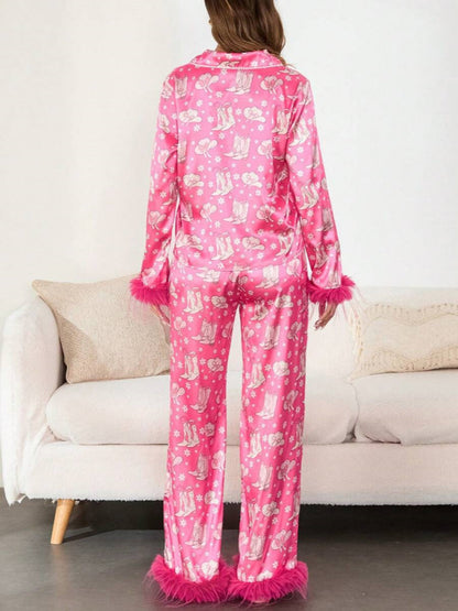 Boot & Feather Print Satin Pajama Set