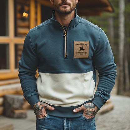 Men's Zipper Stand Collar Outdoor Vintage Yellowstone Print Casual Sweatshirt