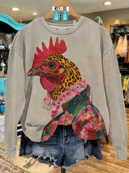 Vintage Chicken In Flowery Jacket Print Casual Sweatshirt