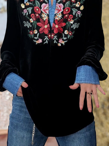 Daily Floral Velvet Patchwork Lapel Collar Long Sleeve Blouse