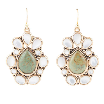 Green Turquoise and White Mother of Pearl Golden Bronze Drop Earrings