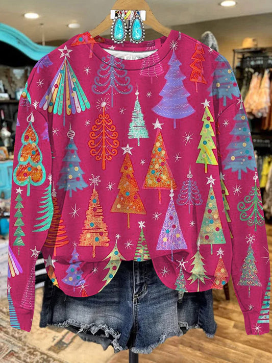 Vintage Pink Christmas Tree Art Casual Sweatshirt