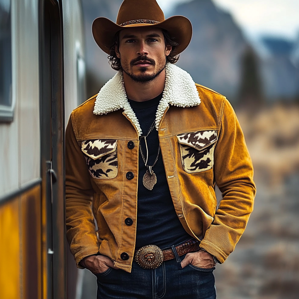 Men's Vintage Western Cowboy Printed Sherpa Jacket