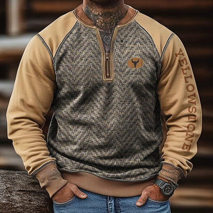 Men's Retro Yellowstone Herringbone Fabric Splicing Zipper Collar Outdoor Color Blocks Sweatshirt