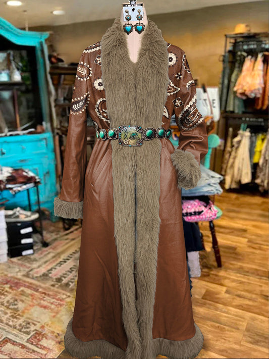 Women's Vintage Brown Ethnic Cashew Flower Printed Fur Patchwork Suede Long Afghan Coat