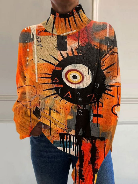 Retro Abstract One-eyed Black Ball Cute Art Print Knit Turtleneck Pullover Sweater