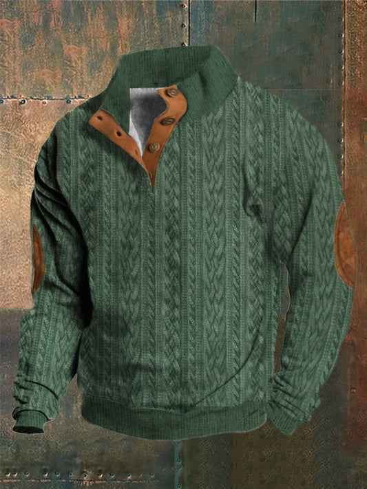 Men's Western Vintage Knitted Jacquard Print Stand Collar Button Sweatshirt