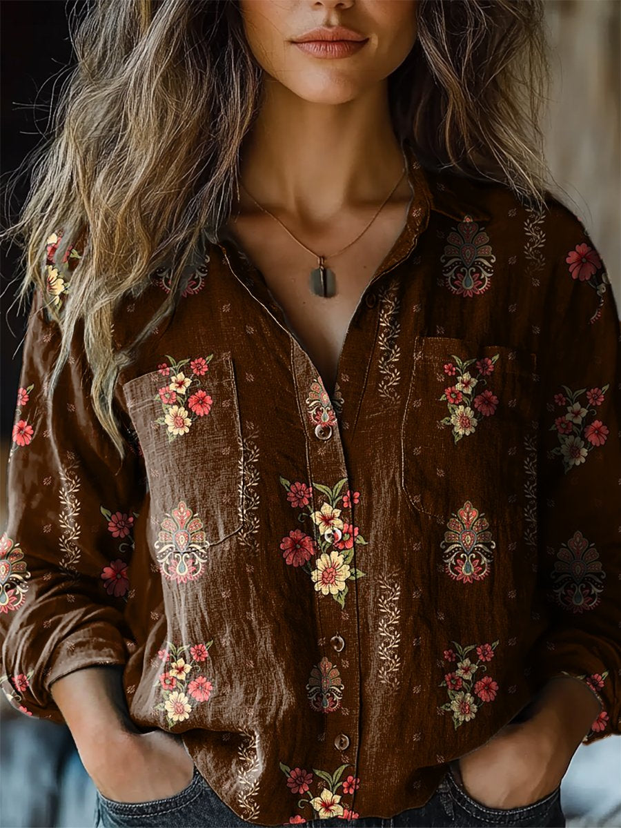 Women's Brown Vintage Ethnic Flower Print Casual Long Sleeve Comfortable Cotton Shirt