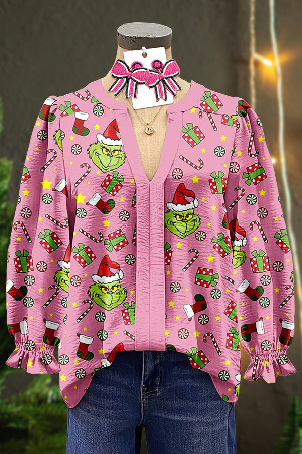 Christmas Grinch Print Contrast Panel V-neck Blouse