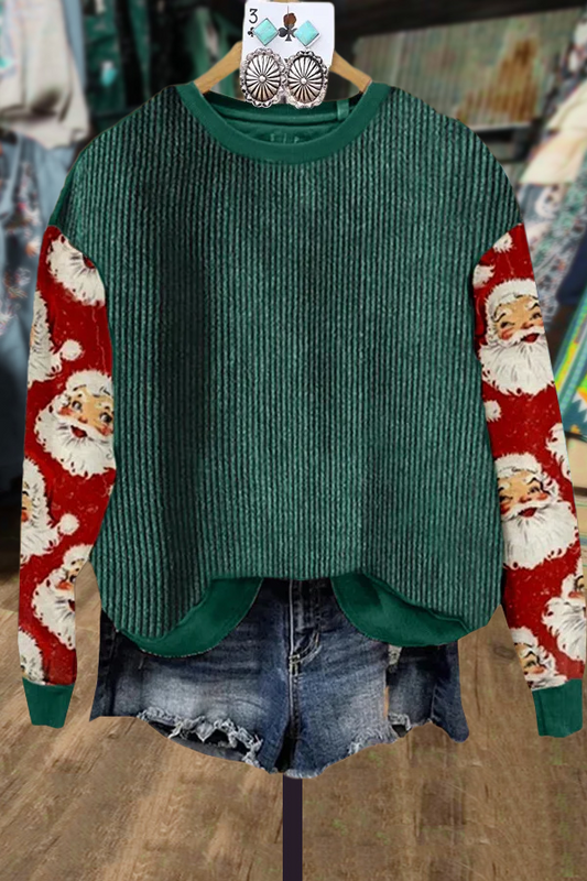 Christmas Santa Print Corduroy Patch Top