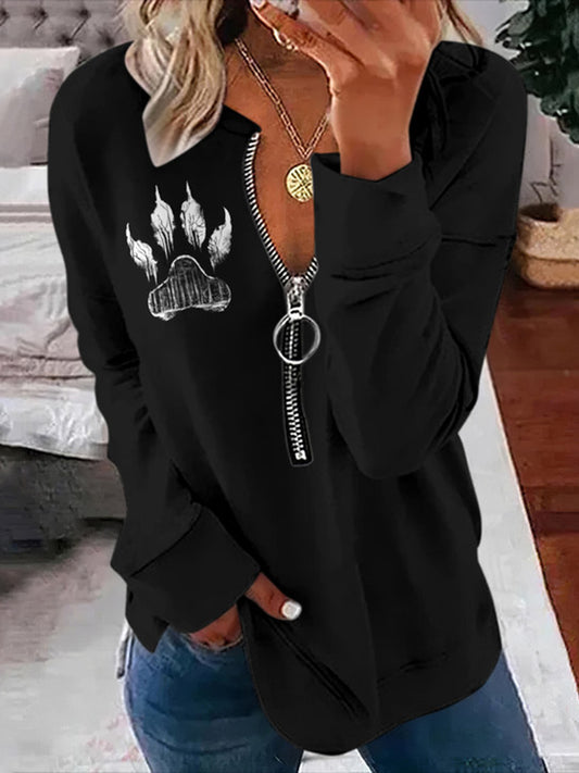 Western Print V-Neck Zipper Long Sleeved Casual Sweatshirt