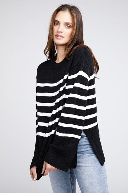 Ribbed Hem Stripe Sweater Rust or Black