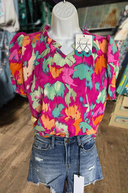 Colorful Print Mock Neck Puff Sleeve Top