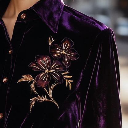 Women's Elegant Velvet Blouse With Purple Floral Embroidery And Button-Down Front