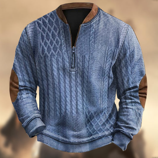 Men's Vintage Western Knitted Print Zipper Stand Collar Casual Sweatshirt