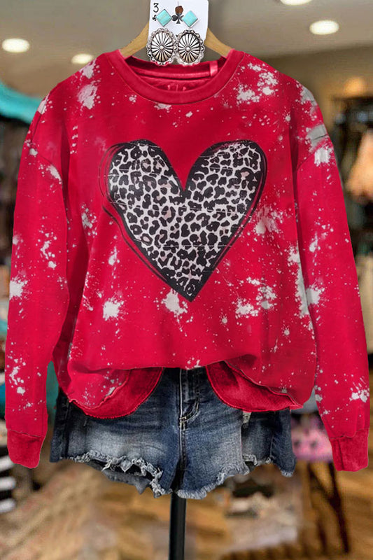 Leopard Heart Print Casual Sweatshirt