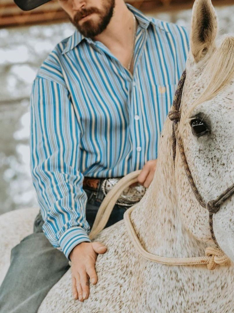 Men's Blue Stripe Long Sleeve Button-Down Western  Shirt