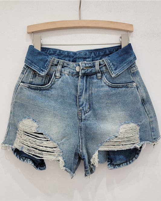 High Waist Ripped Wide Leg Denim Shorts