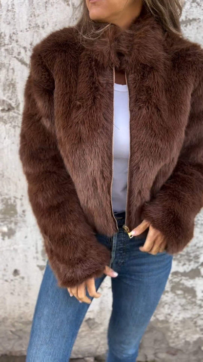 Women's High Collar Fur Zipper Casual Jacket