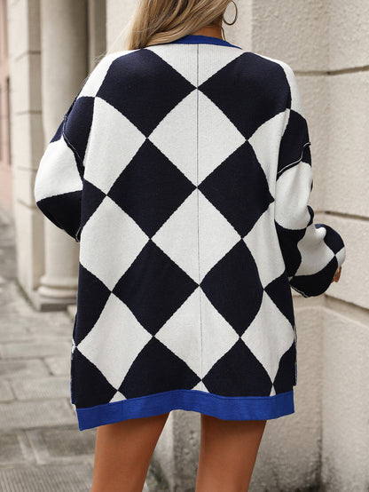 V-neck Diamond Check Patchwork Loose Knit Cardigan