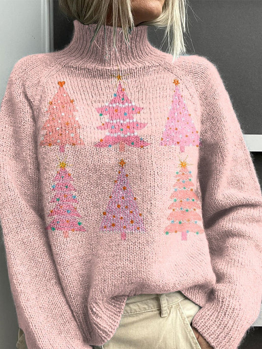 Christmas Tree Art Print Knit Turtleneck Pullover Sweater