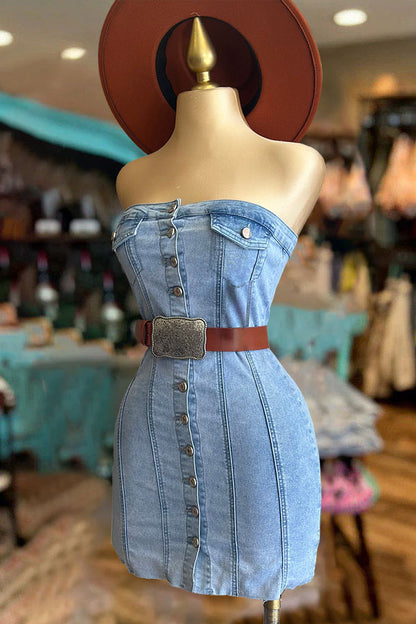 Vintage Washed Strapless Denim Button Dress-0520