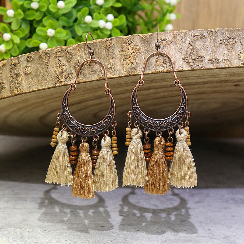 Women's Bohemian Retro Wooden Geometric Tassel Earrings