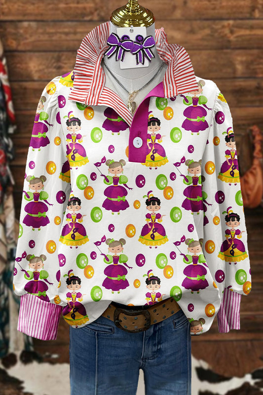 Unique Mardi Gras Print Puff Sleeve Blouse