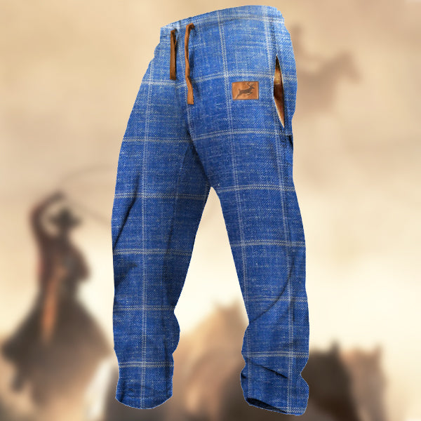 Men's Retro Blue & White Plaid Elk Sports Casual Sweatpants