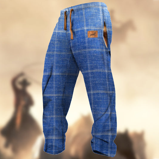 Men's Retro Blue & White Plaid Elk Sports Casual Sweatpants