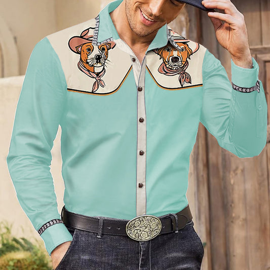 Men's Vintage Western Cowboy Dog Art Long Sleeved Shirt