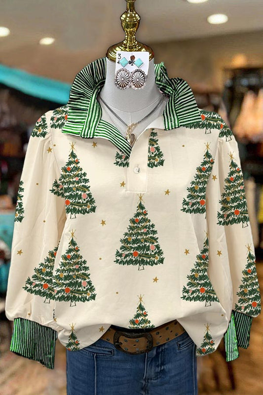 Christmas Tree Print Patchwork Striped Blouse